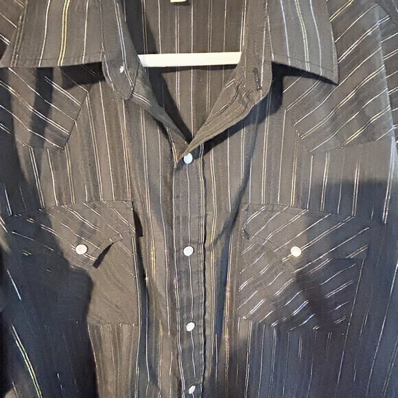 Ely Cattleman Pearl Snap‎ Striped Long Sleeve Black/Gold/Silver Men lg - Picture 4 of 5